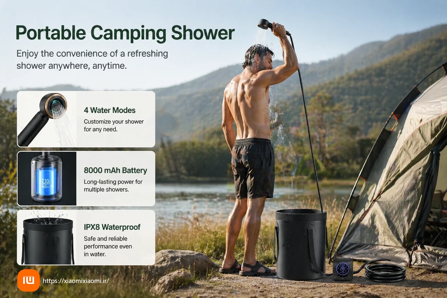 دوش شارژی گرین لاین مدل GREEN LION CAMPING SHOWER GSW8K GNCASHWR8K